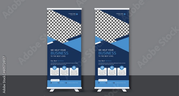 Fototapeta Roll up banner stand template design. corporate Roll up background for Presentation. Vertical roll up, x-stand, exhibition display, Marketing, Promotion