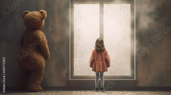Obraz Girl with a teddy bear in the window -General Artificial Intelligence