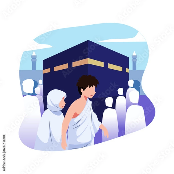 Obraz A cartoon of a muslim couple walking in front of the kaaba.