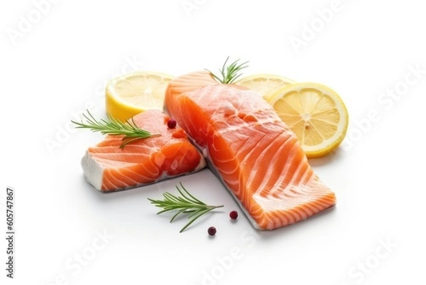 Fototapeta Raw Salmon with Lemon on a White Background. Generative AI