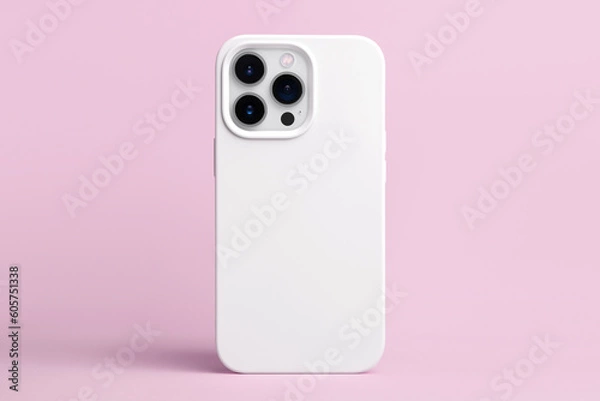 Obraz iPhone 14 pro max starlight in white case back view, phone cover mockup isolated on pink background