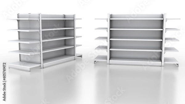 Fototapeta Two showcases with shelves and side sections for a supermarket, empty. 3d illustration