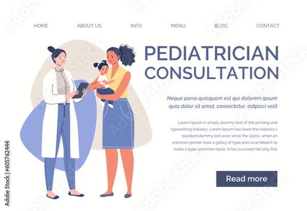 Fototapeta Health care concept of motherhood and childhood. Mother and child at doctor's appointment. Planned visit to pediatrician Vector characters flat cartoon illustration Web template, landing page, website