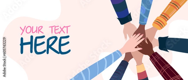 Fototapeta Hands laid on each other. Different people join hands for teamwork. General goal at work. Friendship and help to each other in unity, the strength of the team