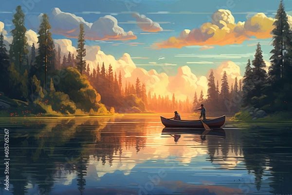 Obraz Sunset on the lake with a boat