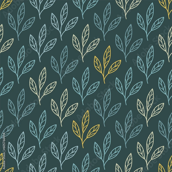 Fototapeta Abstract outlined leaves and branches seamless pattern. Vector foliage silhouettes.