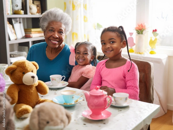 Fototapeta Black grandmother with two young granddaughters having a tea party. Sitting together, looking at the camera, and smiling.  Shallow dof with focus on faces. Created with Generative AI technology.