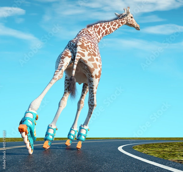 Fototapeta Giraffe goes on rollers.