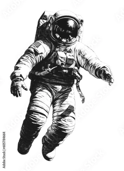 Fototapeta Hand drawn astronaut in space. Retro halftone collage element. Vector illustration of grunge art templates. Dotted pop art vintage style. 