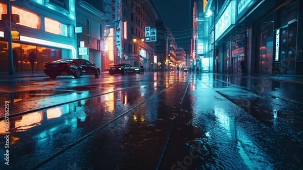Obraz A futuristic cityscape with vibrant neon lights reflecting on wet pavement.  Blue hour employing a sleek and modern photographic style, reminiscent of cyberpunk aesthetics. Generative Ai
