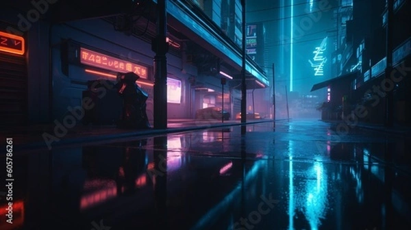 Obraz A futuristic cityscape with vibrant neon lights reflecting on wet pavement.  Blue hour employing a sleek and modern photographic style, reminiscent of cyberpunk aesthetics. Generative Ai