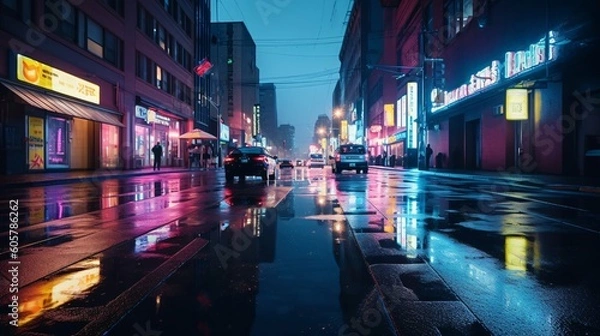 Obraz A futuristic cityscape with vibrant neon lights reflecting on wet pavement.  Blue hour employing a sleek and modern photographic style, reminiscent of cyberpunk aesthetics. Generative Ai