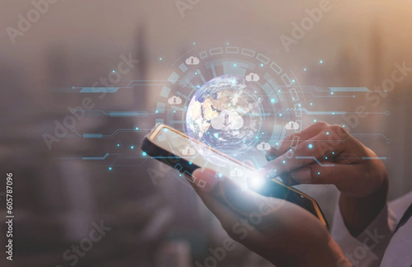 Fototapeta businesswoman sitting on smartphone download application social media network concept and technology