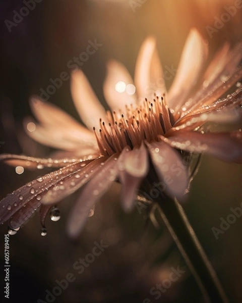 Obraz Beauty of nature with a macro lens. Capturing the intricate details of a blooming flower during the golden hour. Dreamy photographic style. Generative Ai