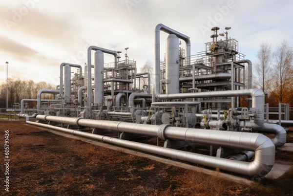 Fototapeta Oil and gas processing plant with pipe line valves. Pipelines in a gas compression station
