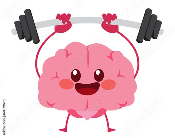 Fototapeta Vector illustration of cute brain character lifting barbell. Mental exercise concept
