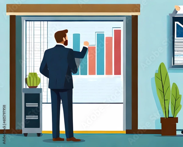 Obraz A businessman draws and discusses a bar chart, Business meeting, Generative AI