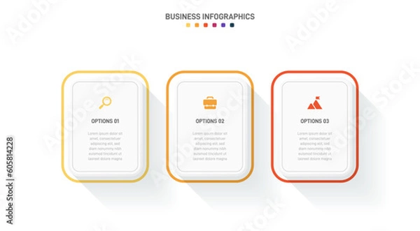 Fototapeta Timeline infographic with infochart. Modern presentation template with 3 spets for business process. Website template on white background for concept modern design. Horizontal layout.