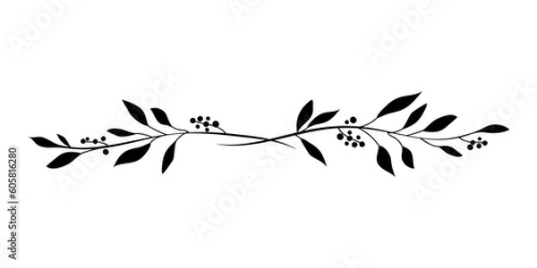 Fototapeta Monochrome elegant floral divider of two branches with leaves and berries. Logo element for laurel wreaths. Hand drawn line wedding grass leaves for invitation save the date card