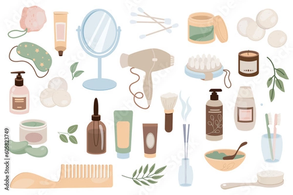 Fototapeta Bathroom items mega set graphic elements in flat design. Bundle of creams, mirror, cotton buds, cosmetics, sleep mask, lotion, hair dryer, massage brush, other. Vector illustration isolated objects