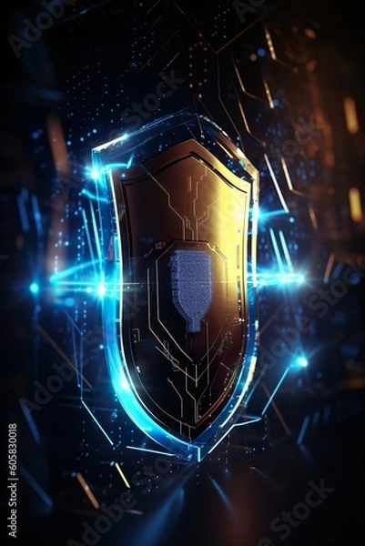 Obraz data security shield - protecting shield - cybersecurity - dark backround - glowing lines - hologram