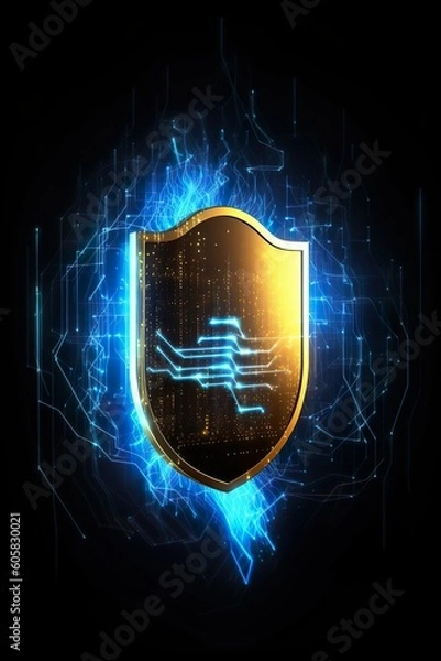 Obraz data security shield - protecting shield - cybersecurity - dark backround - glowing lines - hologram