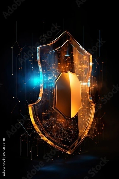Obraz data security shield - protecting shield - cybersecurity - dark backround - glowing lines - hologram