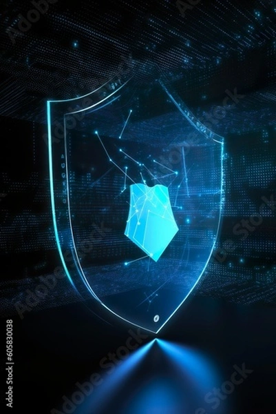 Obraz data security shield - protecting shield - cybersecurity - dark backround - glowing lines - hologram