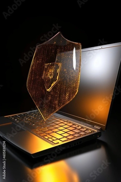 Obraz data security shield - protecting shield - cybersecurity - dark backround - glowing lines - hologram