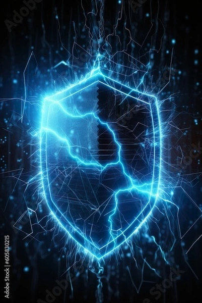 Obraz data security shield - protecting shield - cybersecurity - dark backround - glowing lines - hologram