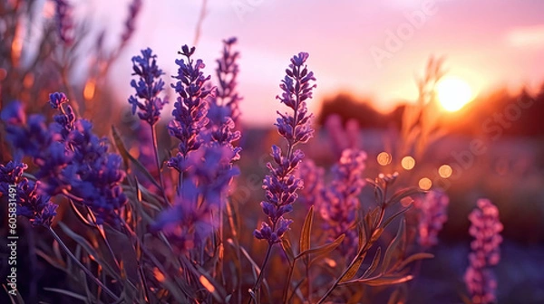 Fototapeta Purple lavender flowers with sunset illustration