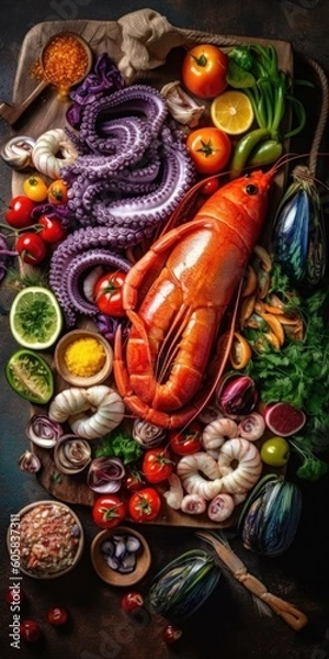 Fototapeta Fresh fish and seafood and vegetables colorful arrangement composition. AI generative illustration.