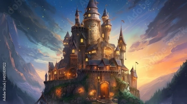 Fototapeta Ancient and towering wizard's tower perched on a craggy cliff. Envision its mysterious interiors filled with arcane books, magical artifacts, and swirling portals, as the resident wizard conducts thei