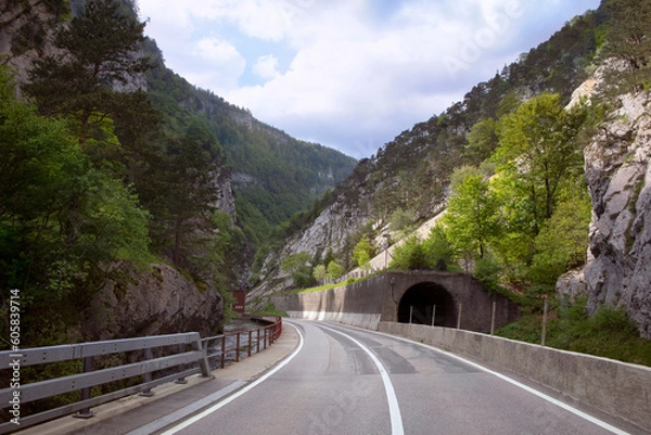 Fototapeta Road in rocky mountains in spring. Beautiful mountain curved roadway, trees with green foliage and overcast sky. Traveling trough landscape in Swiss Jura Mountains.