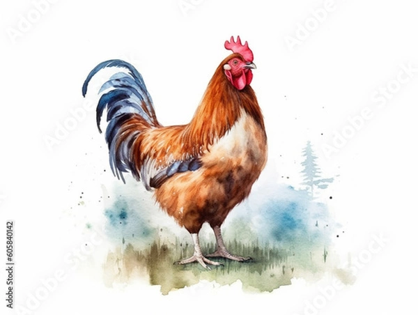 Obraz A Minimal Watercolor Painting of a Chicken in Nature with a White Background | Generative AI