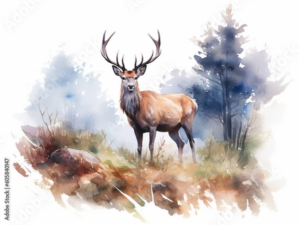 Fototapeta A Minimal Watercolor Painting of a Deer in Nature with a White Background | Generative AI