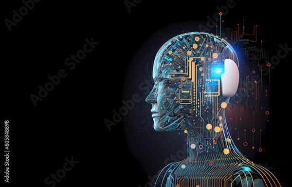 Fototapeta Digital intelligence. Robot on a blue background. Banner. Generative AI