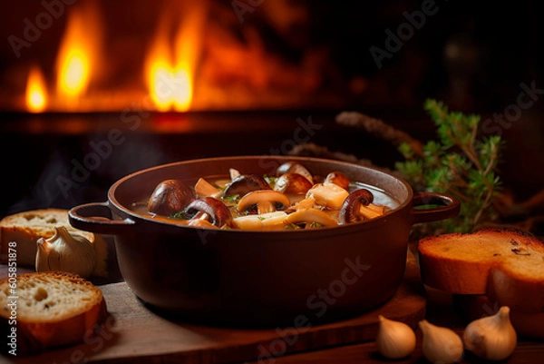 Fototapeta mushrooms stewed in pot, ai generated
