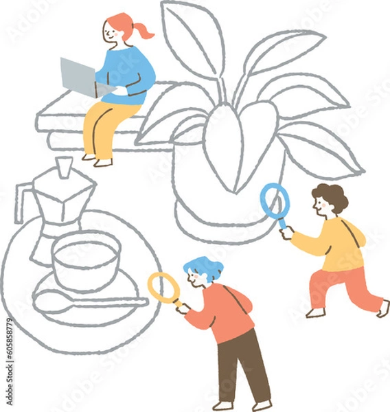 Fototapeta 植物とコーヒーと本を調査する男女3人