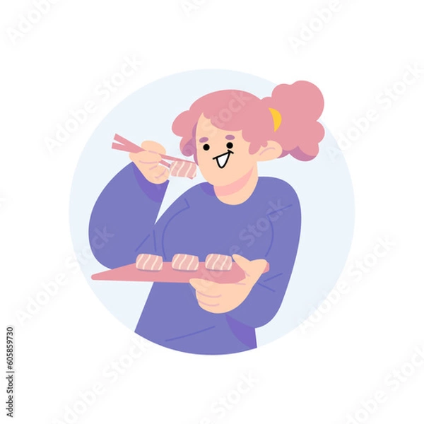 Fototapeta Cartoon of happy young woman sitting with chopsticks in hand and eating sushi isolated on white. Hungry people eat food for breakfast, lunch or dinner vector illustration