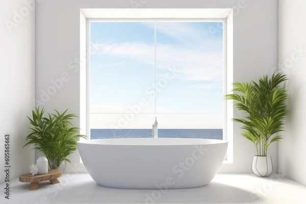 Fototapeta serene bathroom with a white bathtub placed next to a window Generative AI