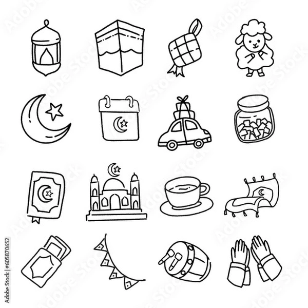 Fototapeta Eid mubarak celebration doodle set 