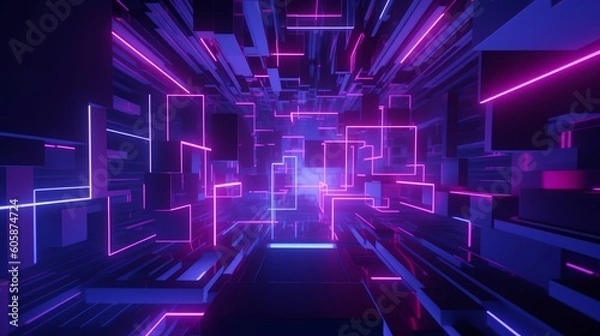 Fototapeta 3d render, abstract geometric background with shapes and neon lines glowing in ultraviolet light, Generative AI