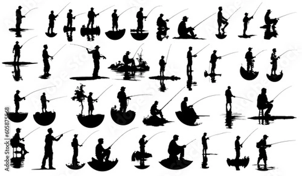 Obraz Zestaw sylwetek o różnych pozycjach i pozach mężczyzn łowienia