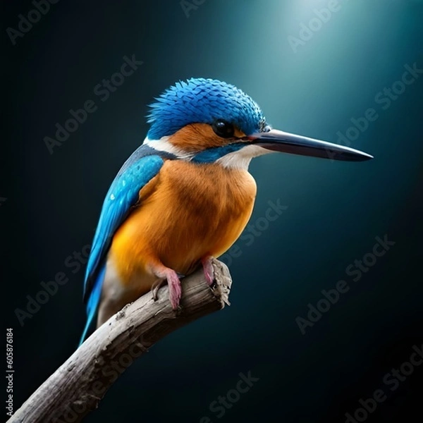 Fototapeta kingfisher on branch Common indian kingfisher with black background. Generative AI.	