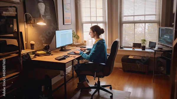 Obraz Woman work from home using a laptop for teleconference with her teammates. Generative AI