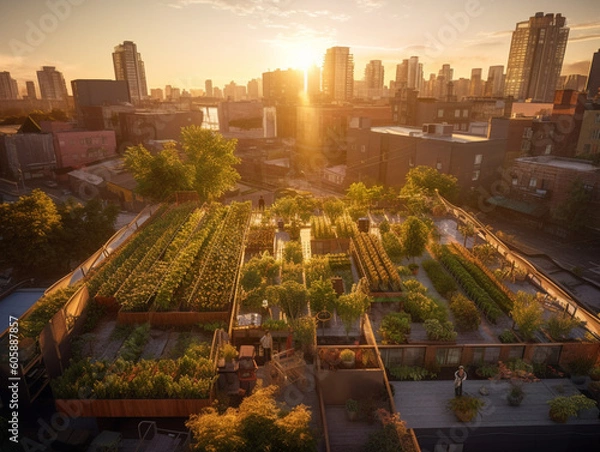 Obraz Urban Oasis: Rooftop Garden Basking in Sunset Light
