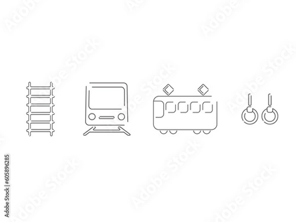 Obraz 正面と横向きの電車とつり革や線路に関するラインアイコンセット