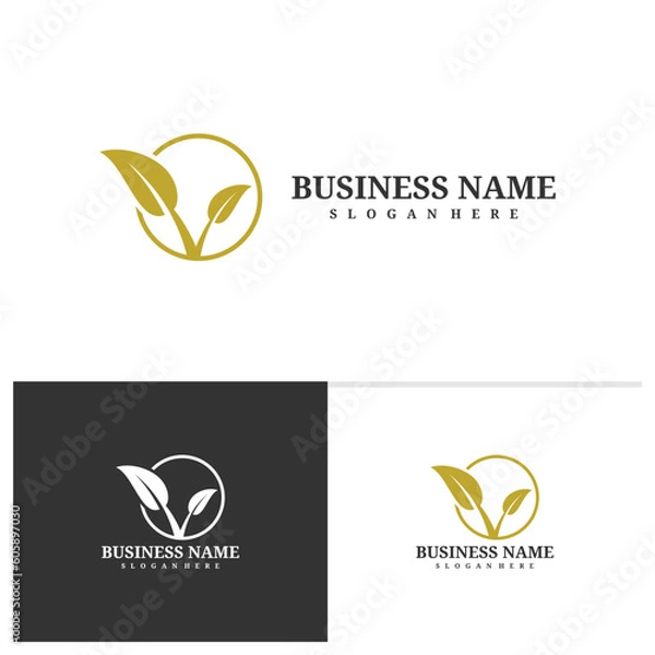 Obraz Letter V with Leaf template, Creative V Leaf logo design vector, Leaf logo concepts