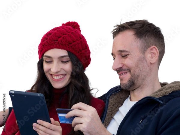 Fototapeta Couple using credit card to shop online
